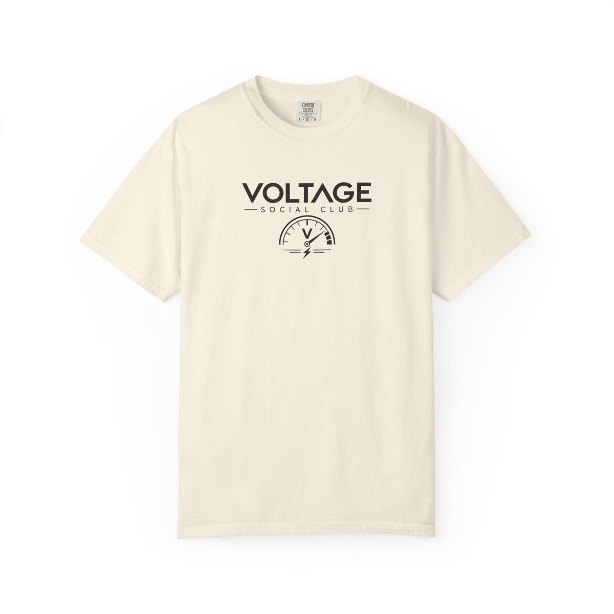 Ivory crew-neck T-shirt front with “VOLTAGE SOCIAL CLUB” logo and small clock illustration