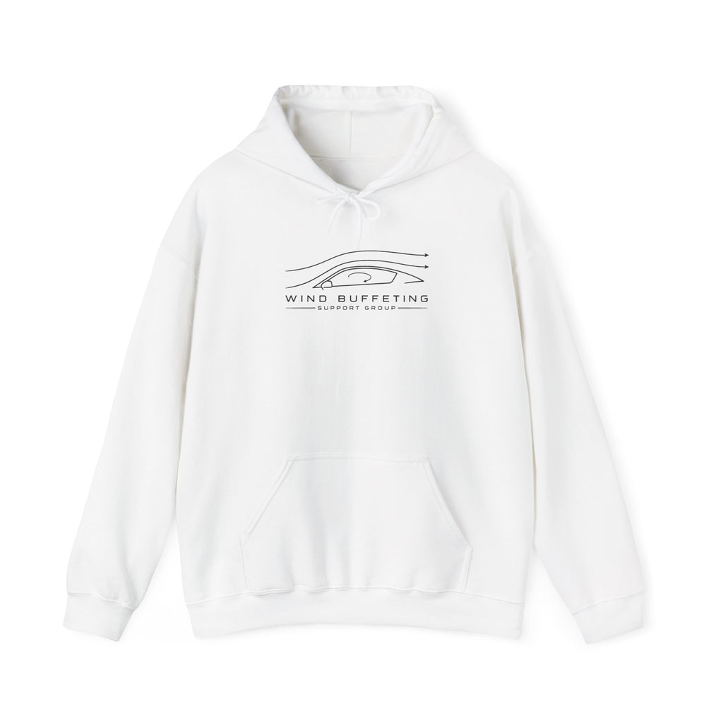 White hoodie with hood and front pouch pocket, wind graphic logo on chest