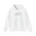 White hoodie with hood and front pouch pocket, wind graphic logo on chest