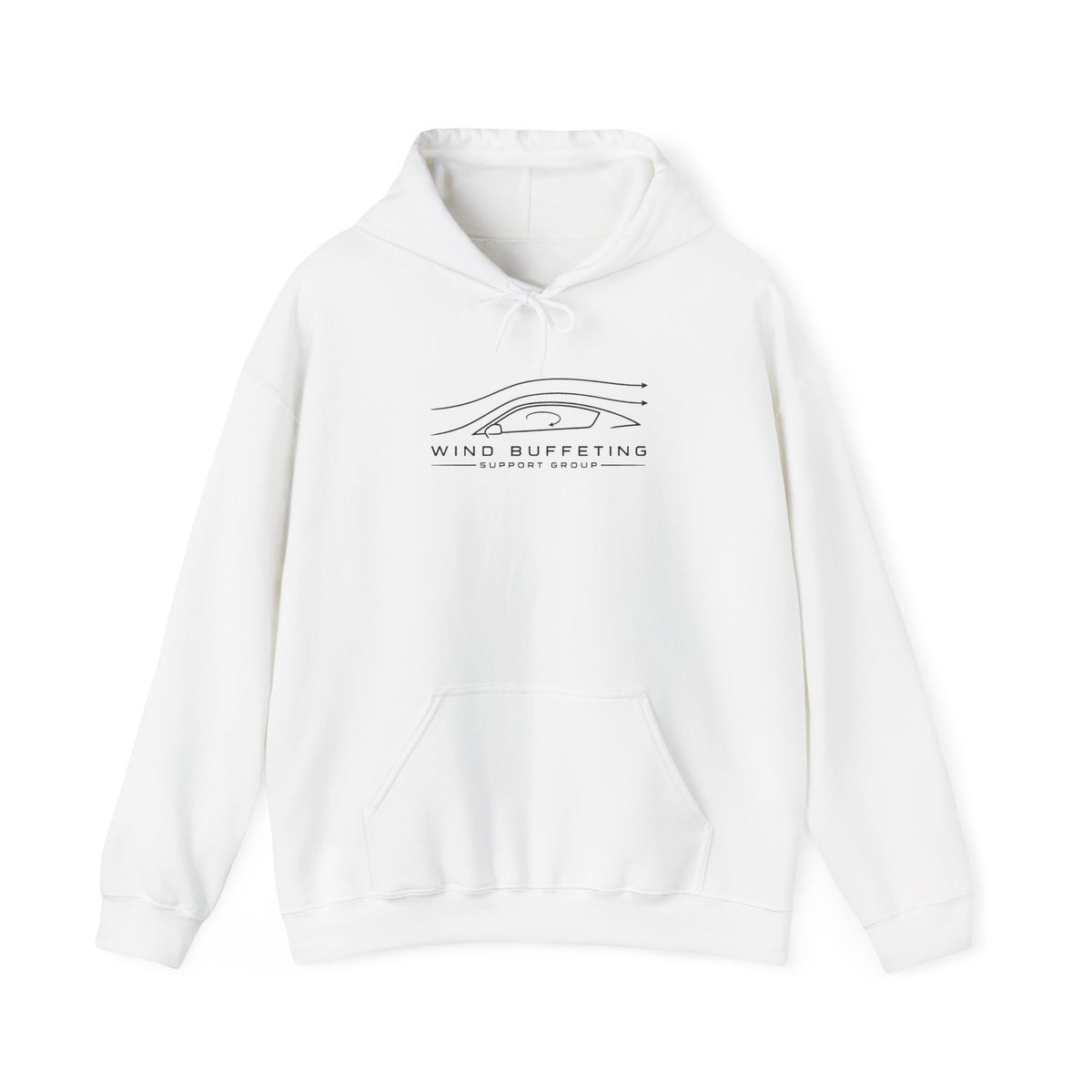 White hoodie with hood and front pouch pocket, wind graphic logo on chest