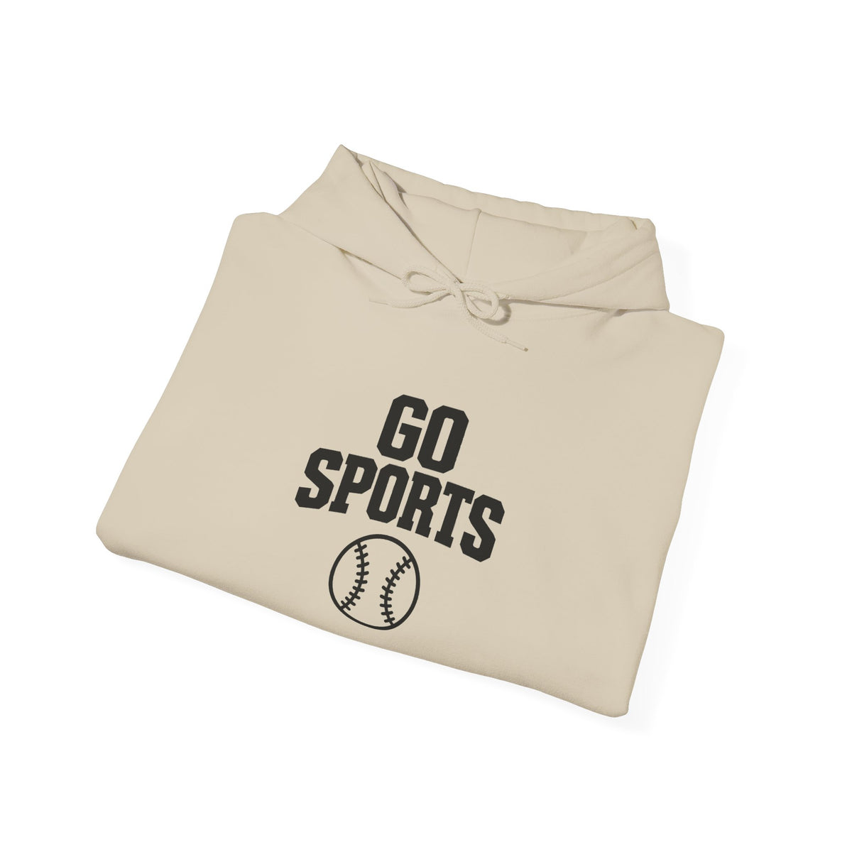 Beige baseball hoodie front with “Go Sports” graphic, hood drawstrings and pocket