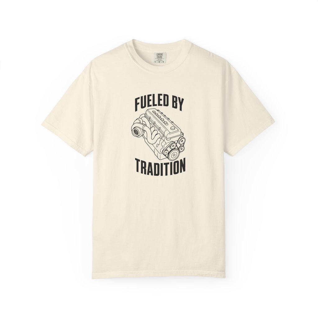 Ivory T-shirt with 'Fueled by Tradition' inline six engine graphic on front