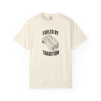 Ivory T-shirt with 'Fueled by Tradition' inline six engine graphic on front
