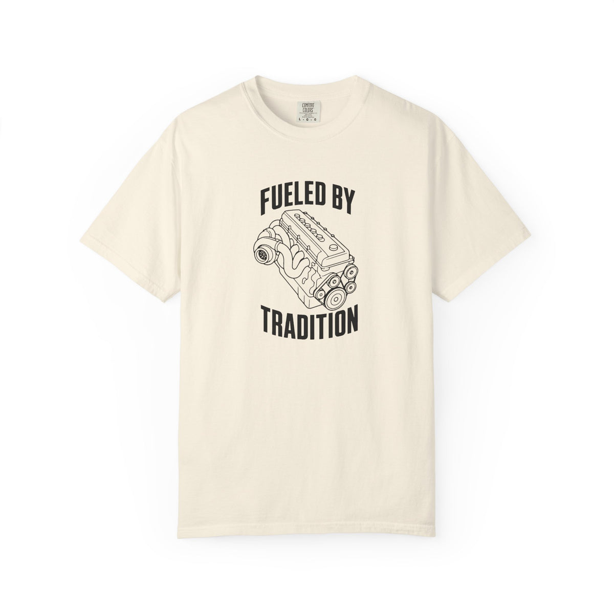 Ivory T-shirt with 'Fueled by Tradition' inline six engine graphic on front