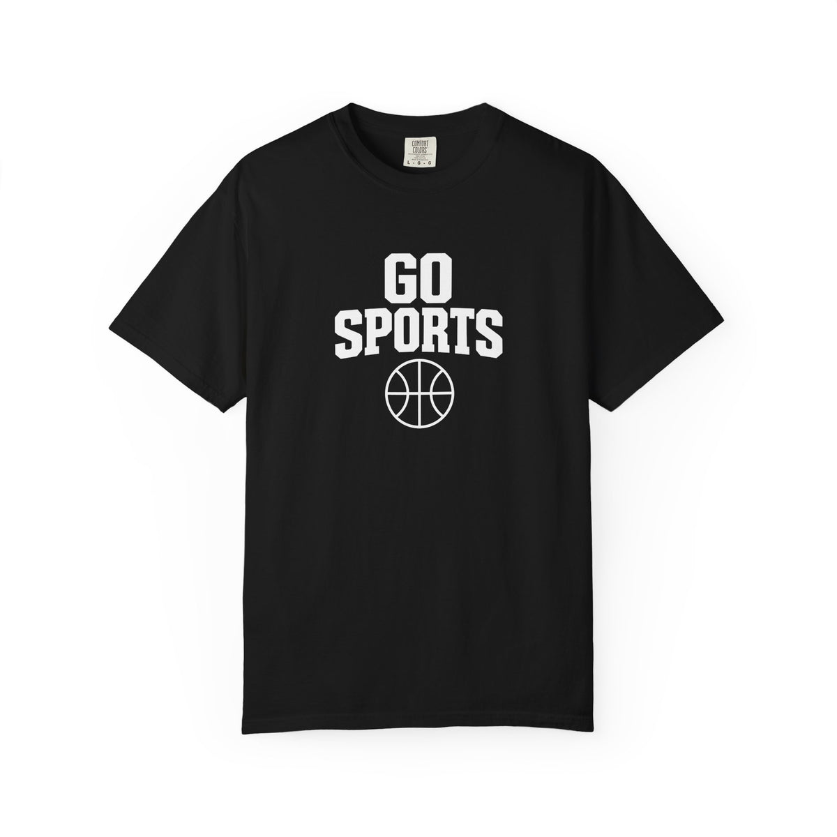 Black basketball T-shirt with white “Go Sports” logo on front