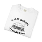 White crew-neck T-shirt front with “Car Wash Therapy” car graphic, angled