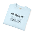 Light blue JDM T-shirt with 'WIDE BODY SOCIETY' car graphic on front