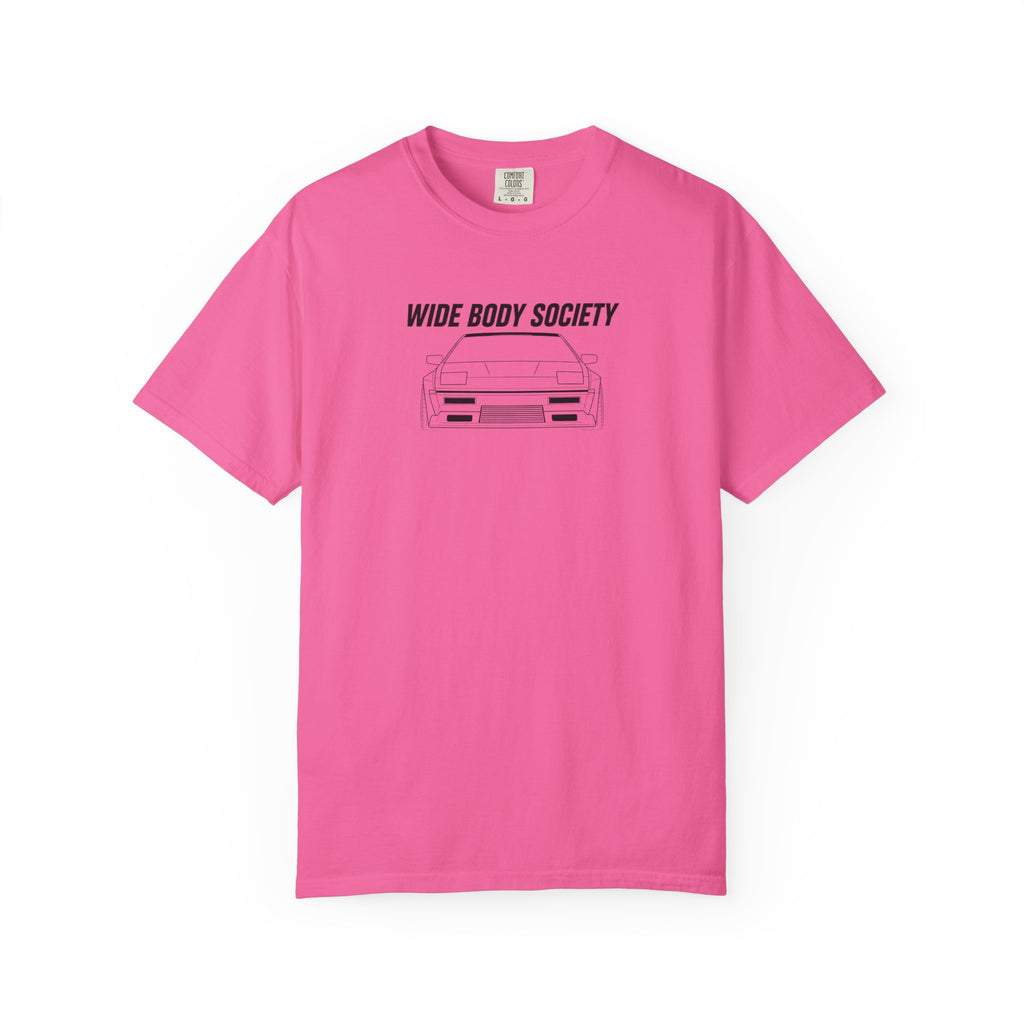 Neon pink JDM t-shirt, front print with “WIDE BODY SOCIETY” and car graphic.