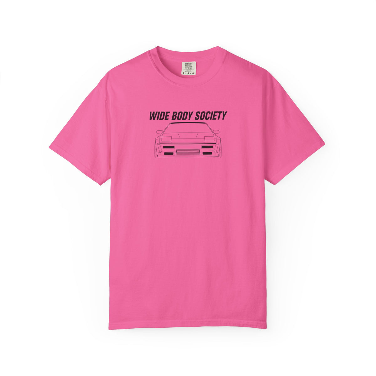 Neon pink JDM t-shirt, front print with “WIDE BODY SOCIETY” and car graphic.