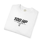 White crewneck T-shirt with 100 HP Club graphic logo