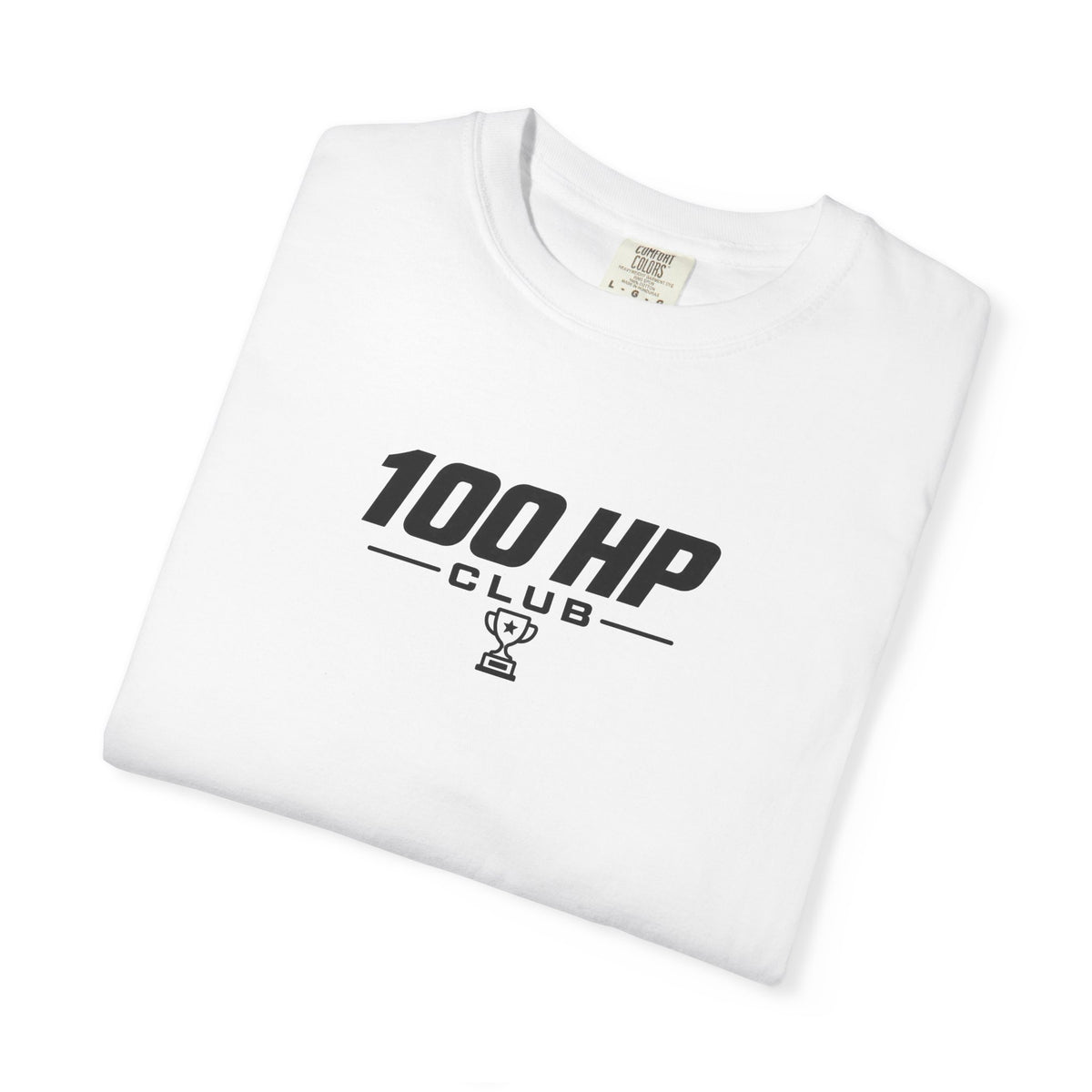 White crewneck T-shirt with 100 HP Club graphic logo
