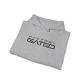 Sport grey hoodie folded, kangaroo pocket and drawstring hood, Factory Gated logo.