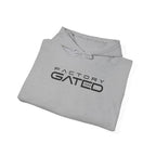 Sport grey hoodie folded, kangaroo pocket and drawstring hood, Factory Gated logo.