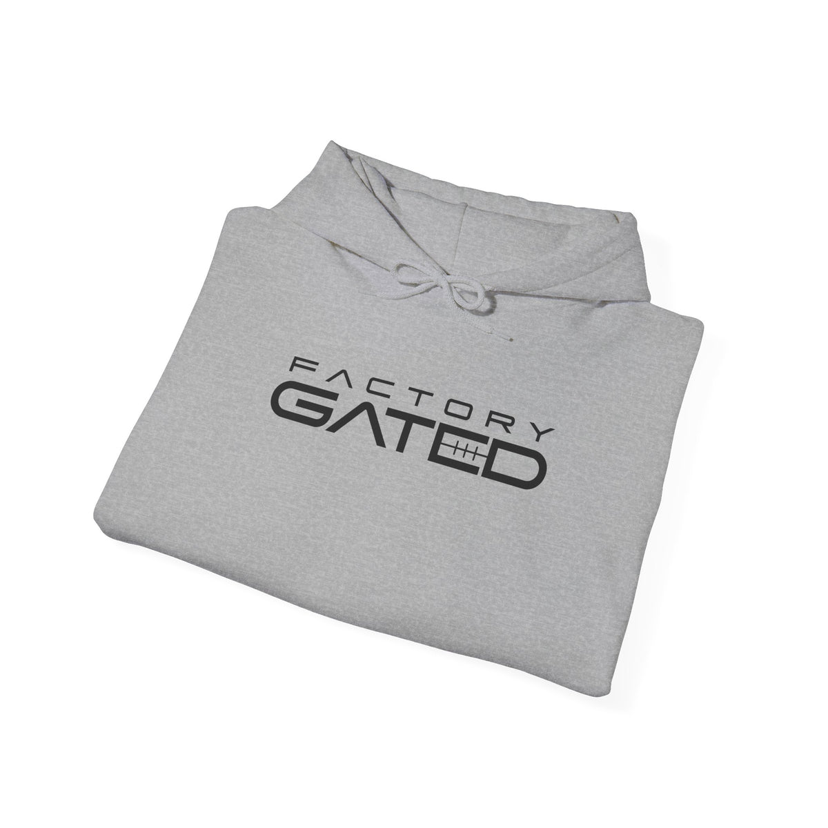 Sport grey hoodie folded, kangaroo pocket and drawstring hood, Factory Gated logo.