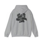 Sport grey pullover hoodie with centered back graphic text