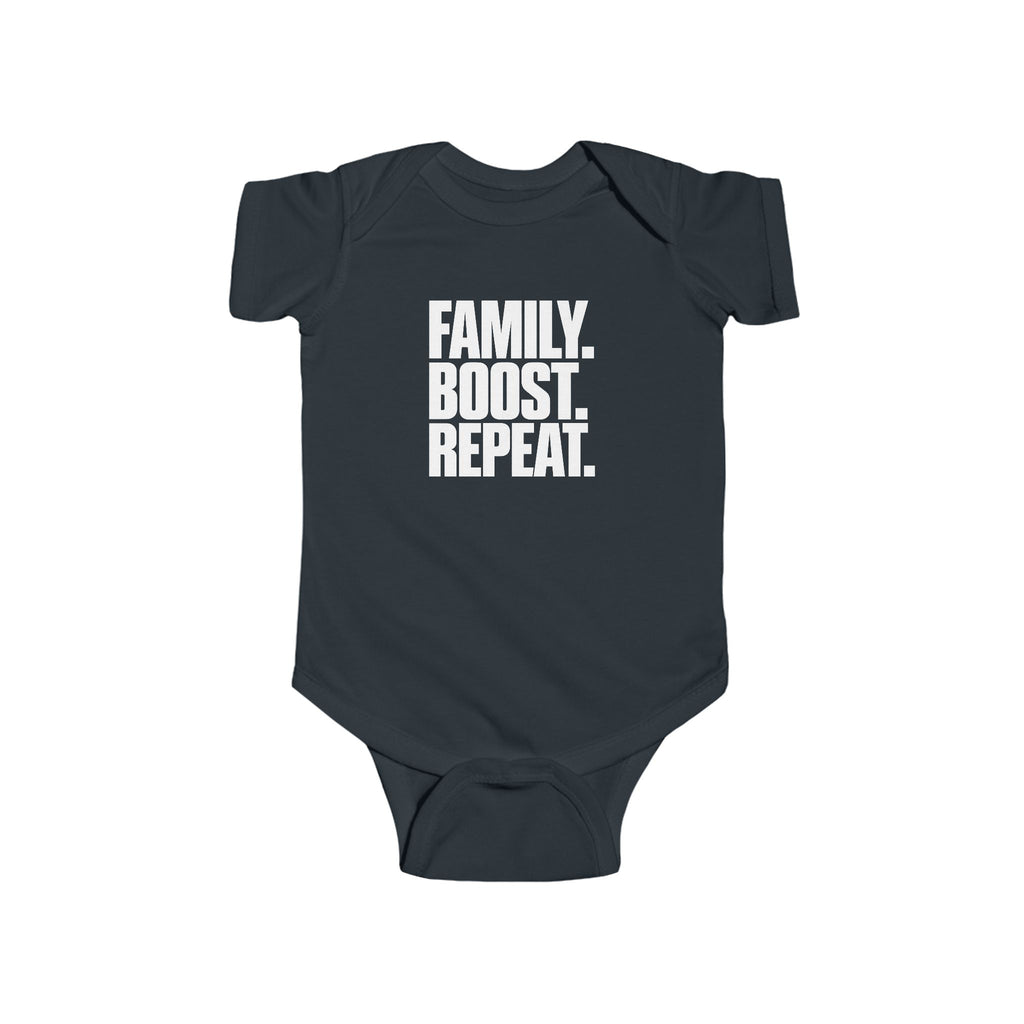 Black short-sleeve baby bodysuit with “FAMILY. BOOST. REPEAT.” graphic