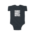 Black short-sleeve baby bodysuit with “FAMILY. BOOST. REPEAT.” graphic