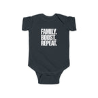 Black short-sleeve baby bodysuit with “FAMILY. BOOST. REPEAT.” graphic