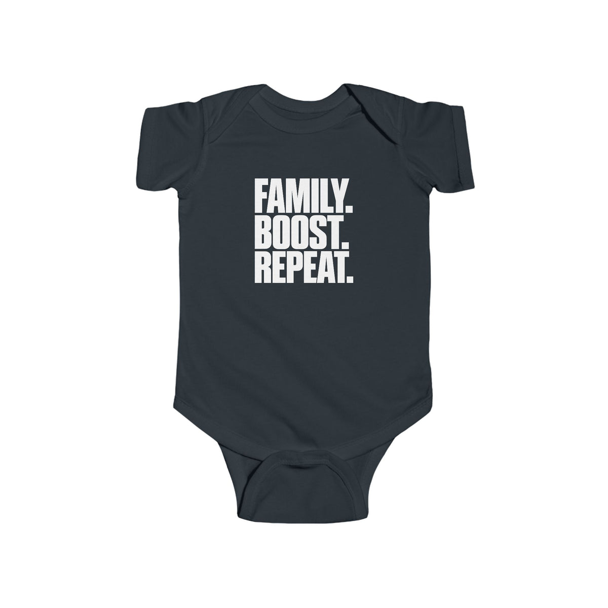 Black short-sleeve baby bodysuit with “FAMILY. BOOST. REPEAT.” graphic