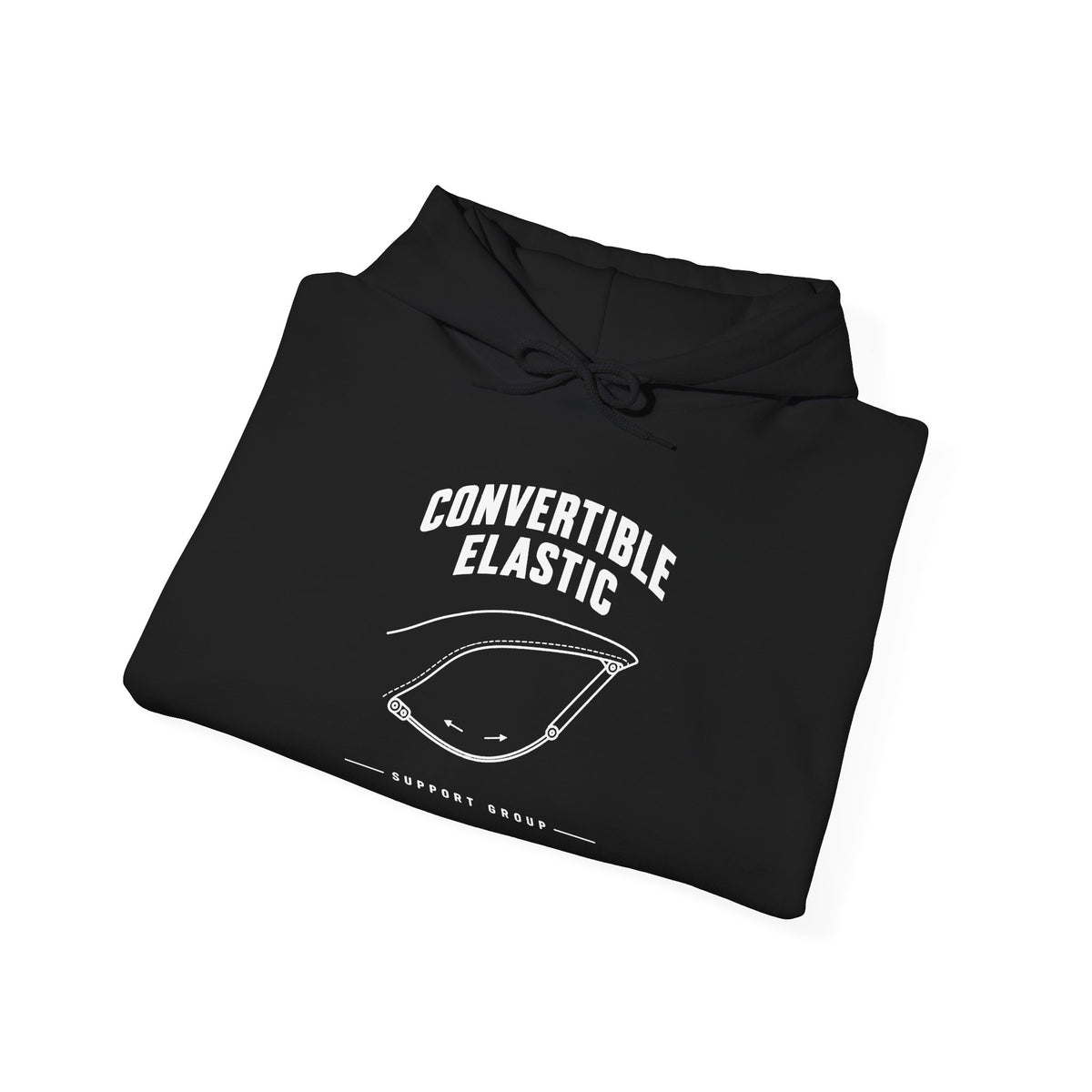 Black convertible elastic support hoodie with chest graphic, kangaroo pocket, drawstring