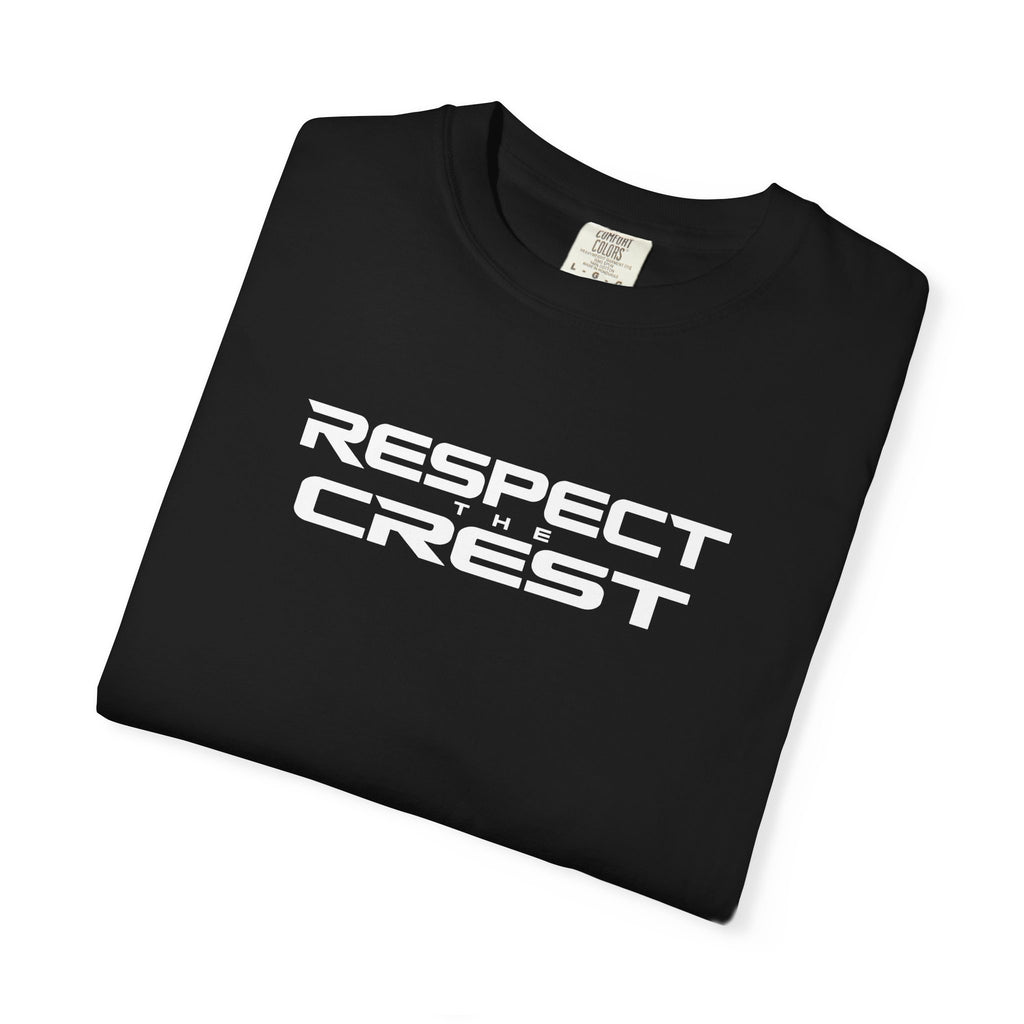 Black crewneck T-shirt folded flat, "RESPECT CREST" logo graphic on front