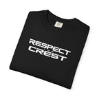 Black crewneck T-shirt folded flat, "RESPECT CREST" logo graphic on front