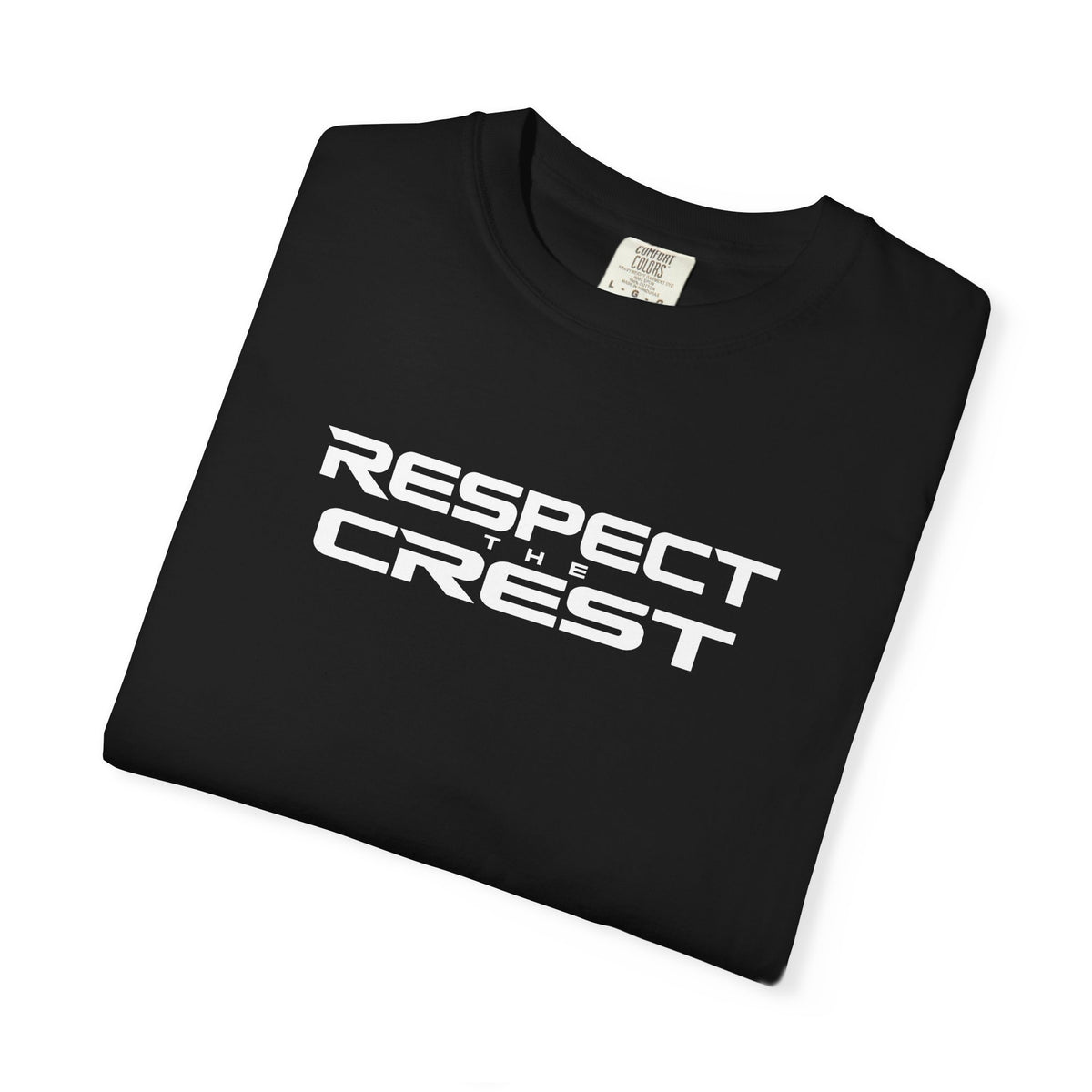 Black crewneck T-shirt folded flat, "RESPECT CREST" logo graphic on front