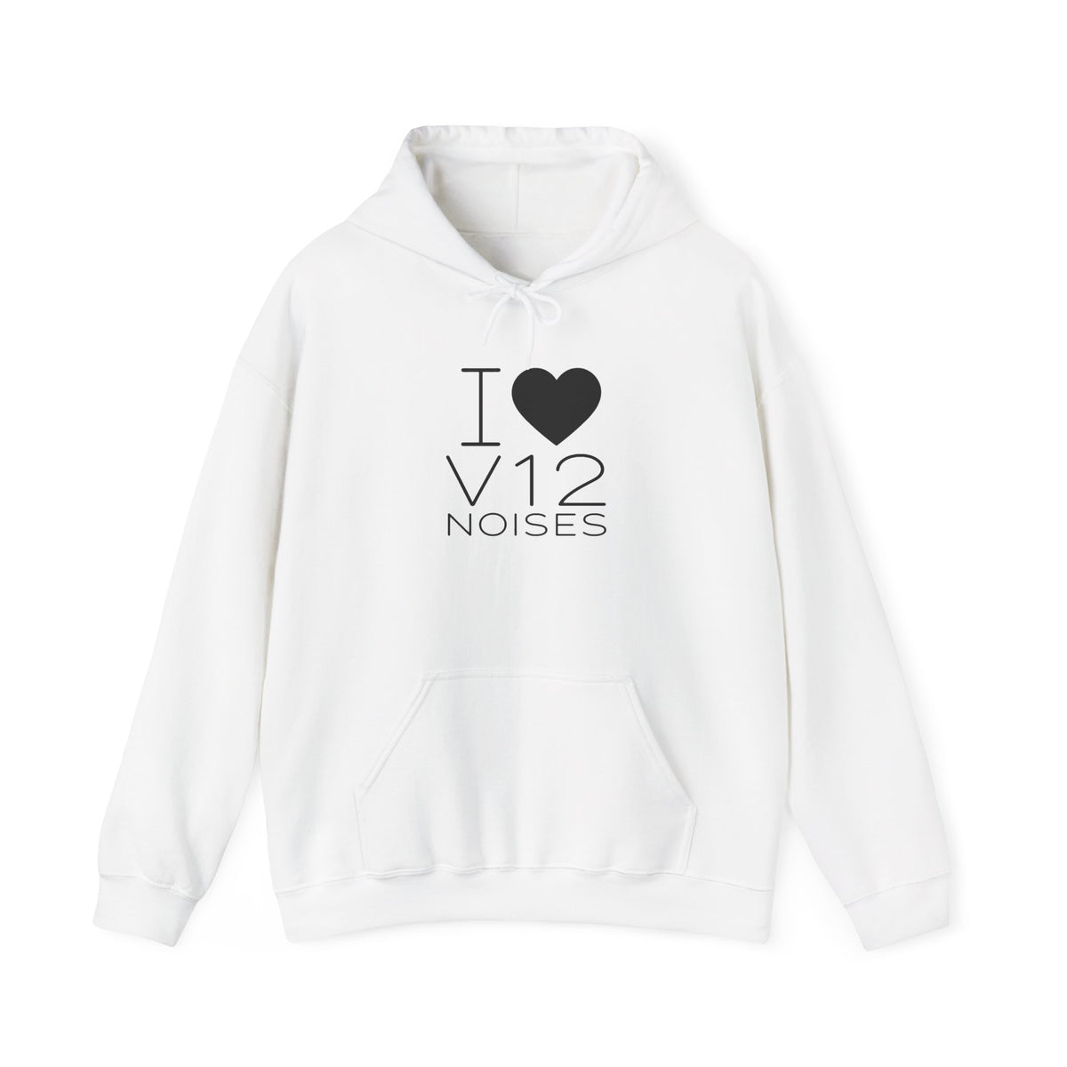 White pullover hoodie with drawstring hood and front "I ♥ V12 NOISES" graphic