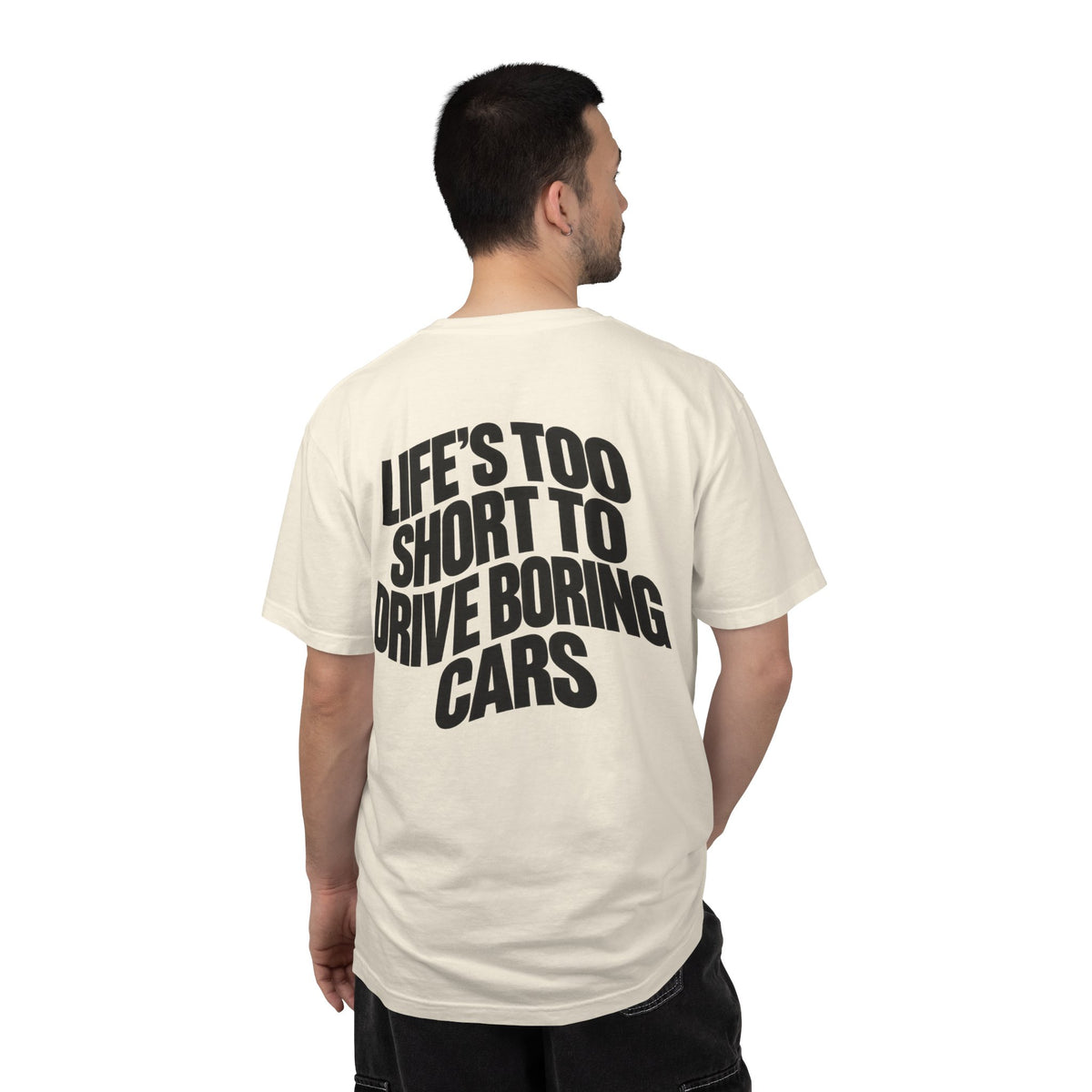 Cream T-shirt with large back text print: 'Life's too short to drive boring cars'