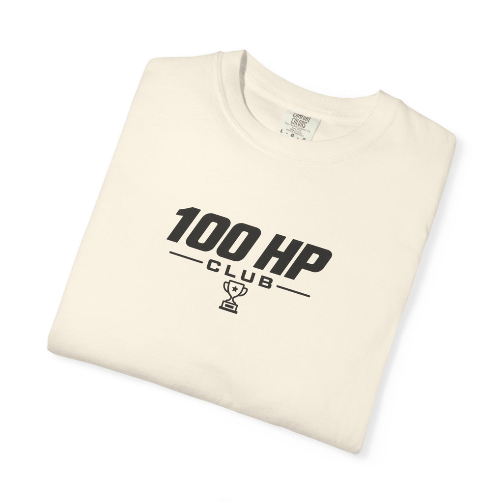 Ivory crew-neck T-shirt with 100 HP Club logo print on chest, folded close-up