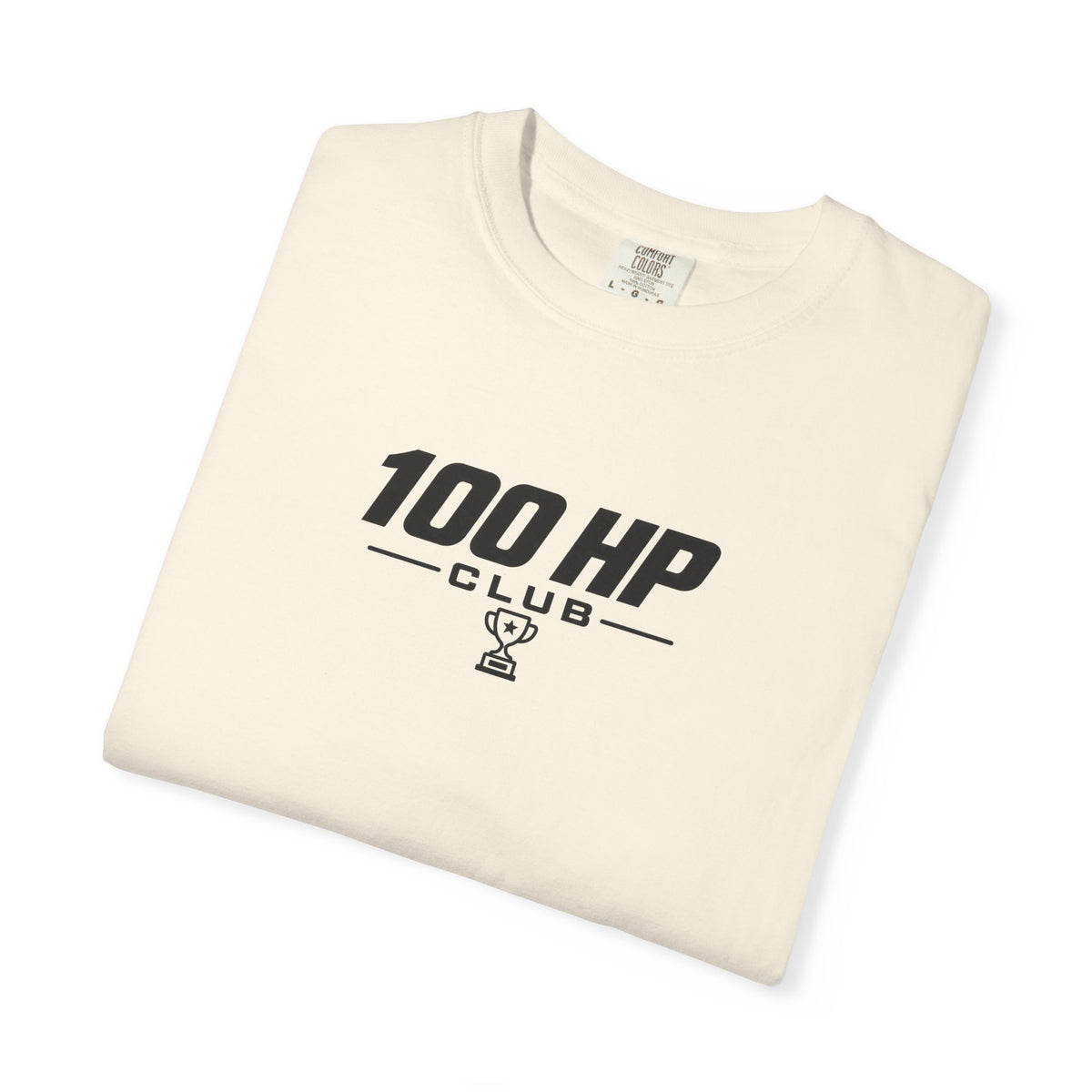 Ivory crew-neck T-shirt with 100 HP Club logo print on chest, folded close-up