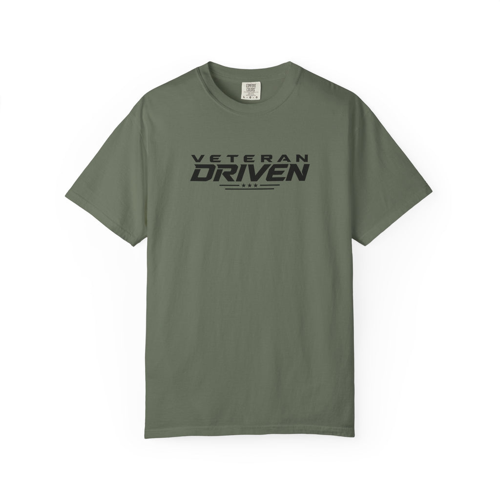 Moss green crew-neck T-shirt with front "VETERAN DRIVEN" graphic