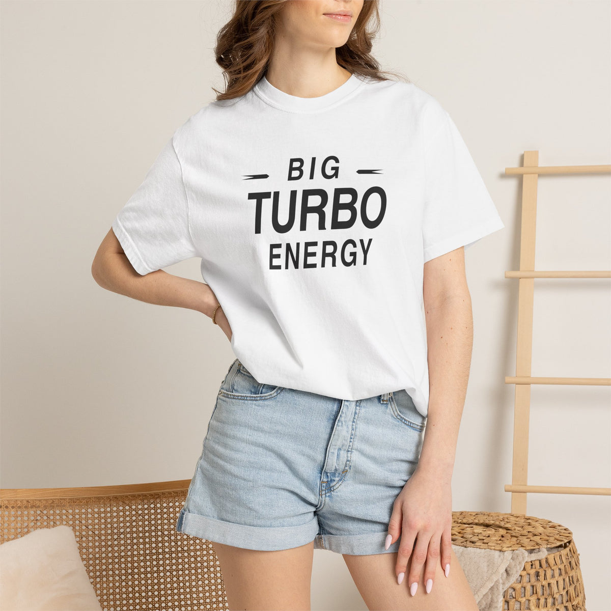 White T-shirt with 'BIG TURBO ENERGY' graphic worn by model