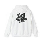 White pullover back print hoodie with large slogan text on the back