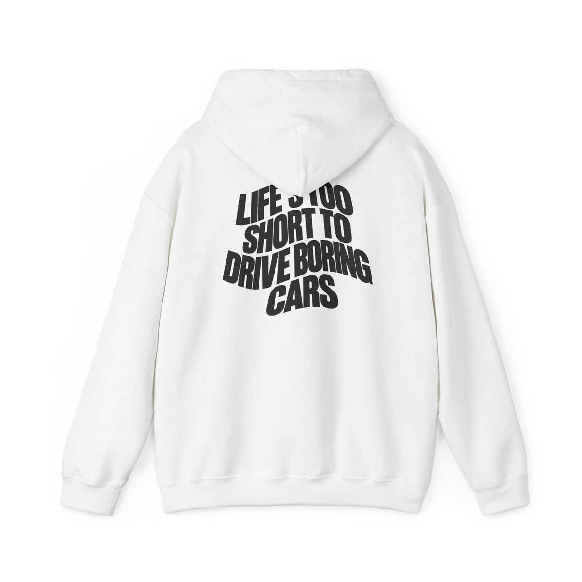 White pullover back print hoodie with large slogan text on the back