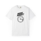 White crewneck T-shirt with 'More Boost!' stopwatch graphic on the chest