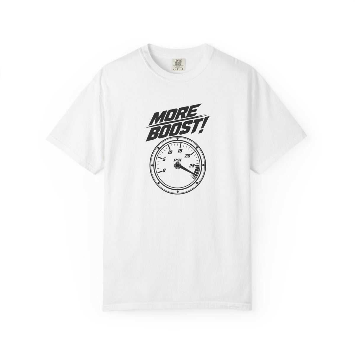 White crewneck T-shirt with 'More Boost!' stopwatch graphic on the chest