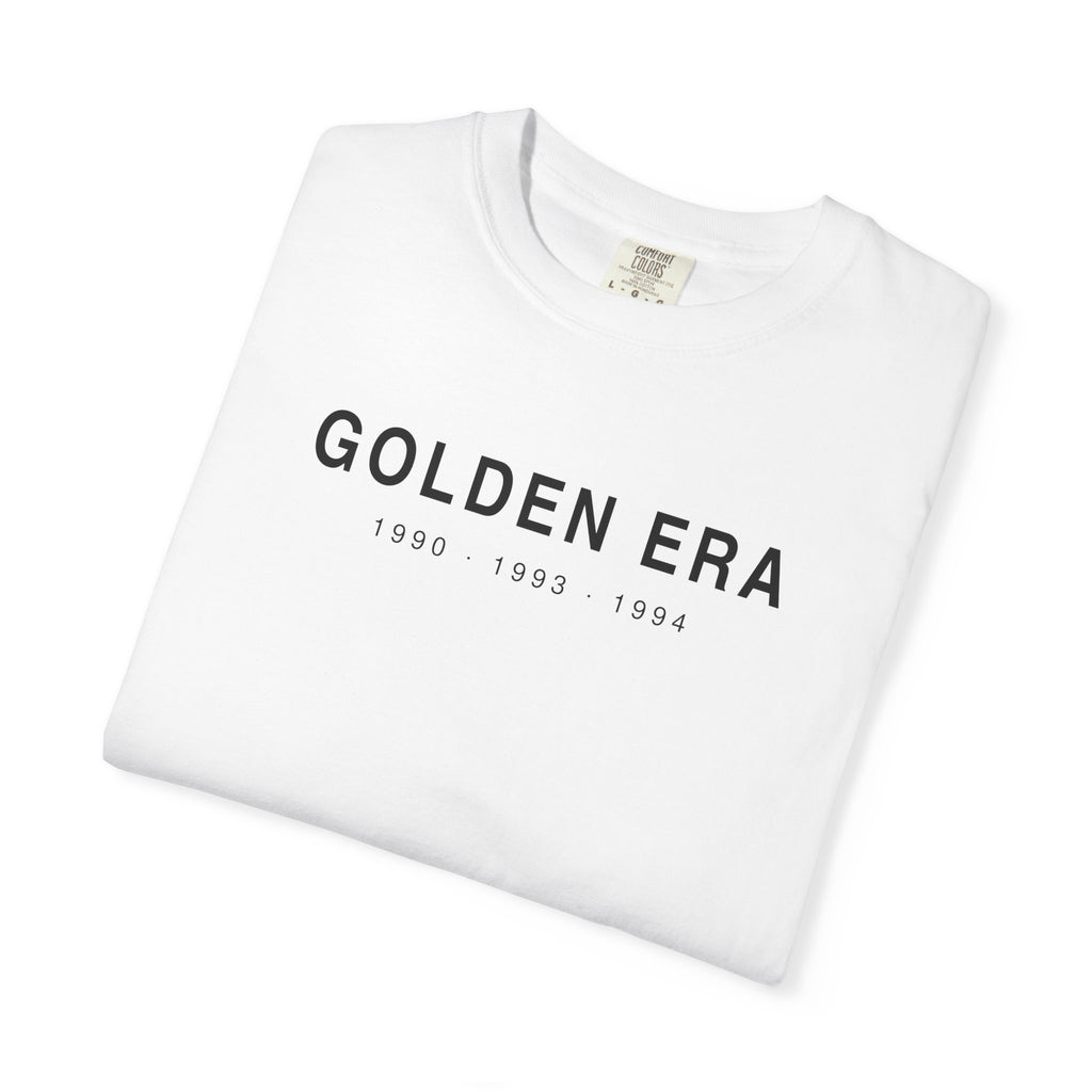 White T-shirt with “GOLDEN ERA” text graphic and year range print, folded view