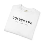 White T-shirt with “GOLDEN ERA” text graphic and year range print, folded view