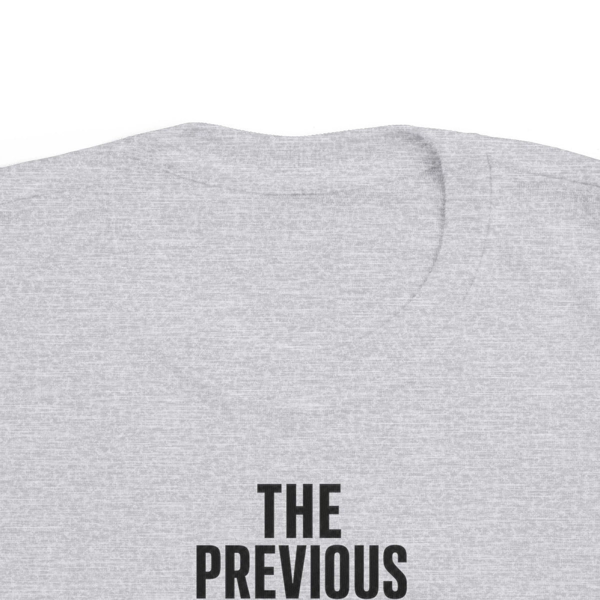 Heather gray toddler t-shirt close-up of back text starting with "THE PREVIOUS"