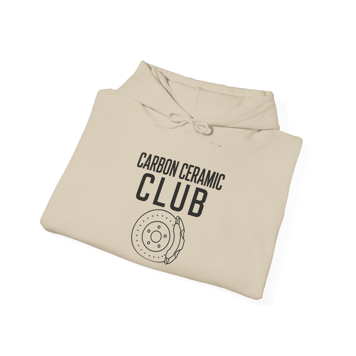 Sand folded hoodie with drawstring hood and front Carbon Ceramic Club graphic.