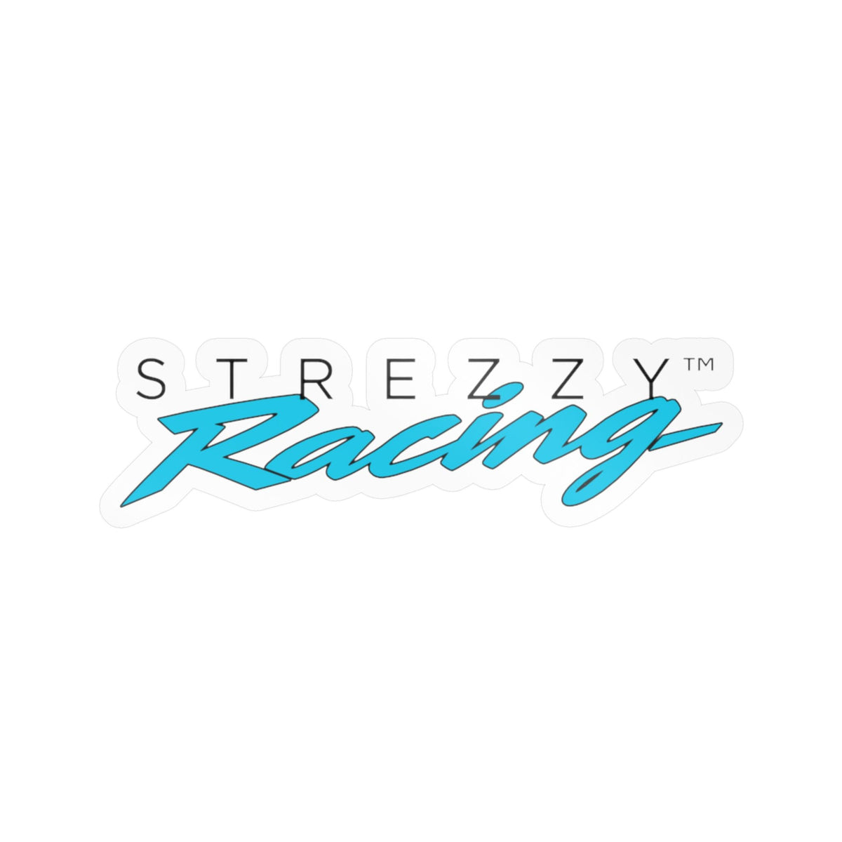 Glossy kiss-cut racing sticker, teal and blue stylized lettering on white backing