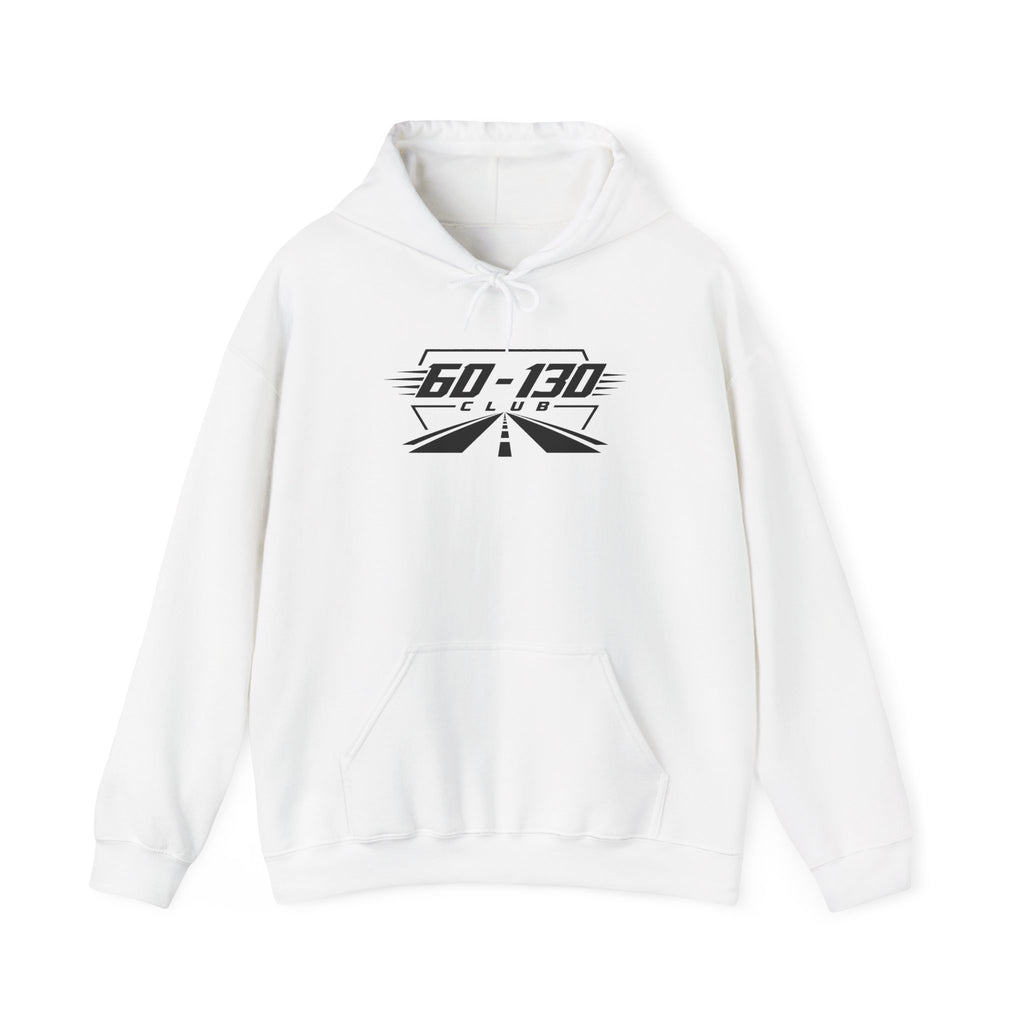White club hoodie with 60-130 graphic, pullover hood and drawstring, kangaroo pocket
