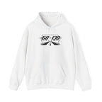 White club hoodie with 60-130 graphic, pullover hood and drawstring, kangaroo pocket