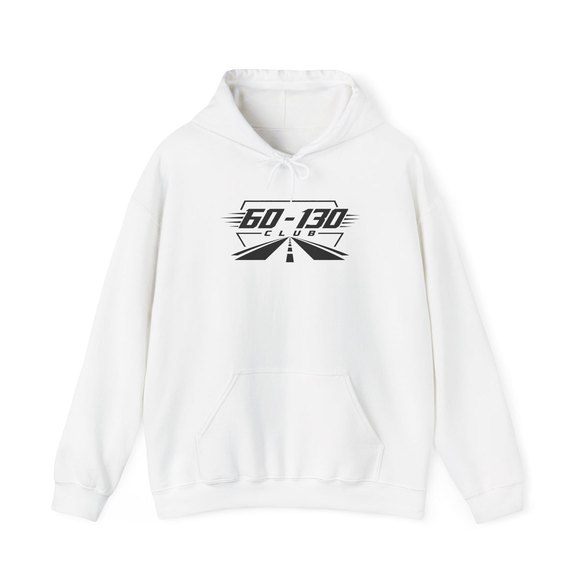 White club hoodie with 60-130 graphic, pullover hood and drawstring, kangaroo pocket