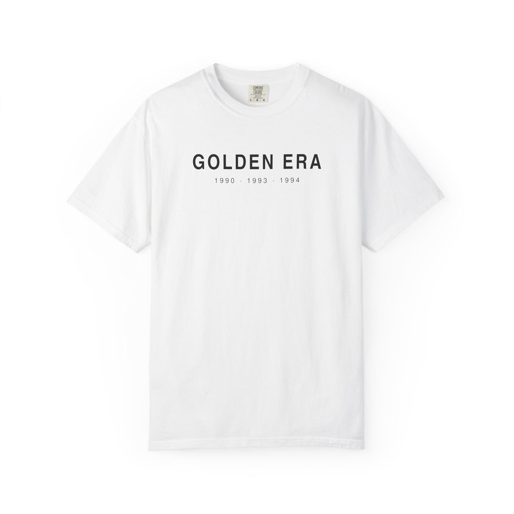 White T-shirt with “GOLDEN ERA” text graphic and year range print on chest