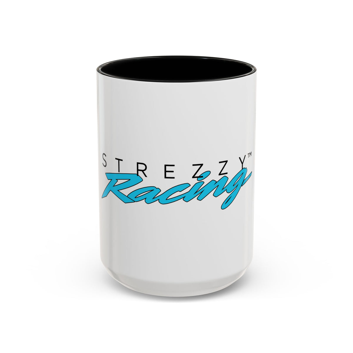 Racing accent mug with black interior and rim, white body, teal “Racing” graphic