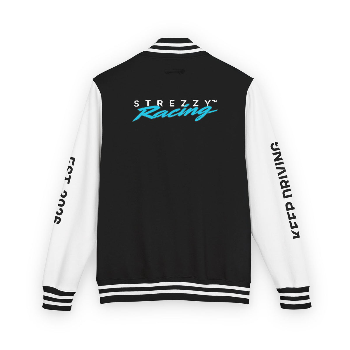 Racing varsity jacket back view, black body with white sleeves; striped ribbed collar and hem