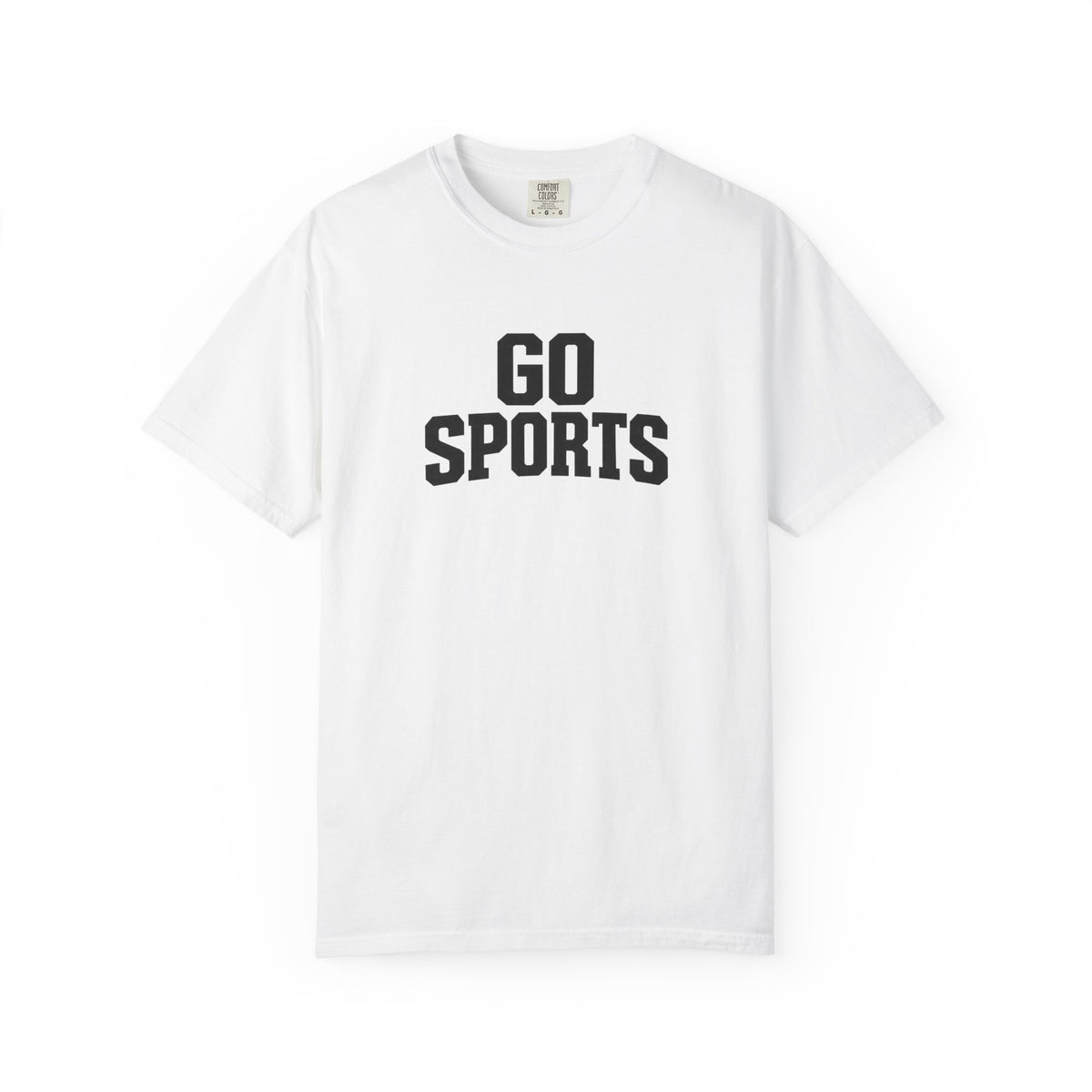 White crew-neck t-shirt with black "GO SPORTS" logo print on the chest