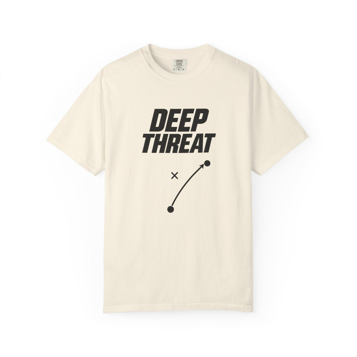 Ivory crewneck football t-shirt with centered dark “DEEP THREAT” graphic
